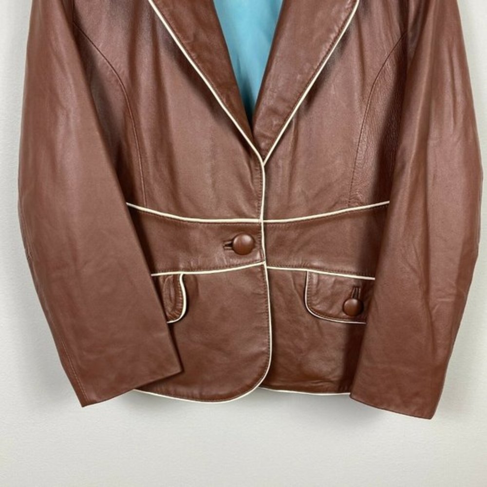 Wilsons Leather Jacket L Womens Retro V-Neck 1-Button Pockets Brown White Piping - Picture 3 of 10